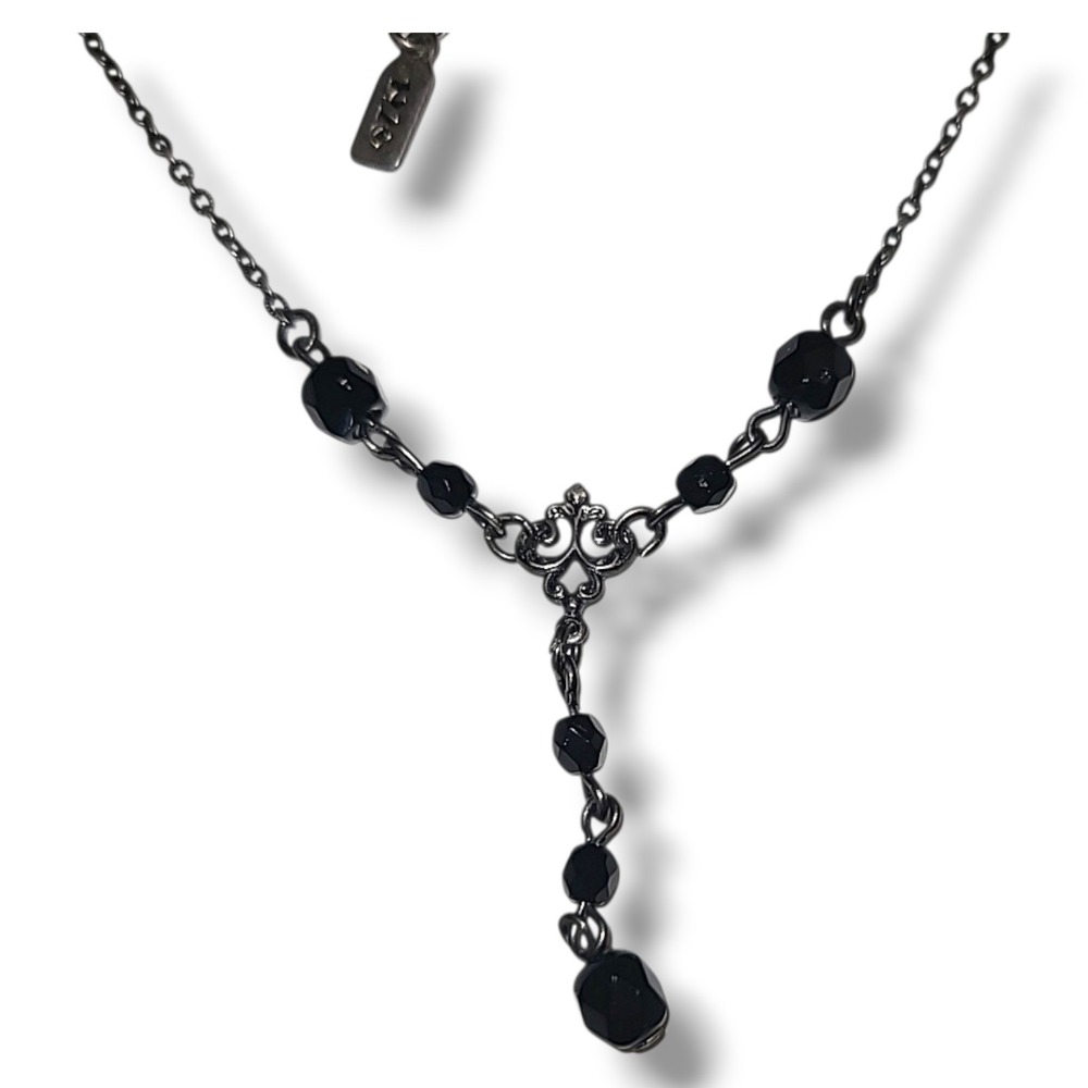Vintage 1928 Brand Silver Tone Black Crystal Y Drop‎ Necklace Dainty 16-19in 90s